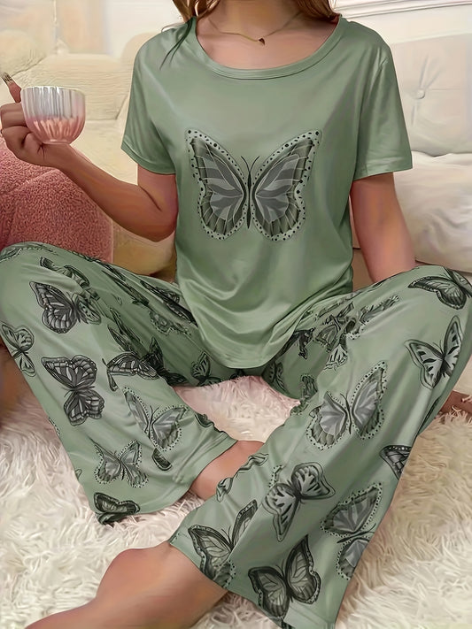 Women's Pajama Set - Butterfly Print – Khaki – Khaki option – main product image