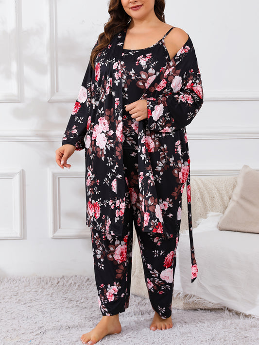 Women's Pajama Set - Floral Print – Black – Black option – main product image