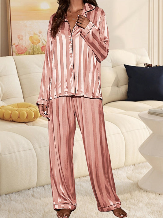 Women's Pajama Set – Women's Champagne Satin Striped Long-Sleeve Pants – main product image