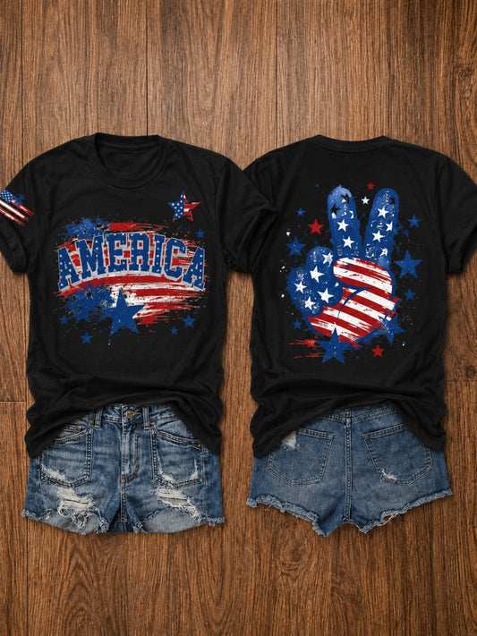 Women's Patriotic Graphic T-Shirt - Crew Neck Short Sleeve – Dark Green / Grey – Green option – main product image