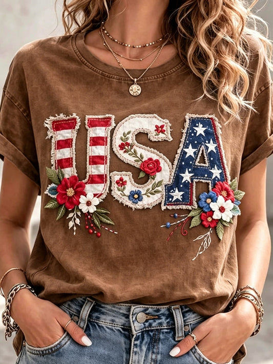 Women's Patriotic Graphic T-Shirt - Round Neck Short Sleeve – 9-Color Selection – Apricot option – main product image