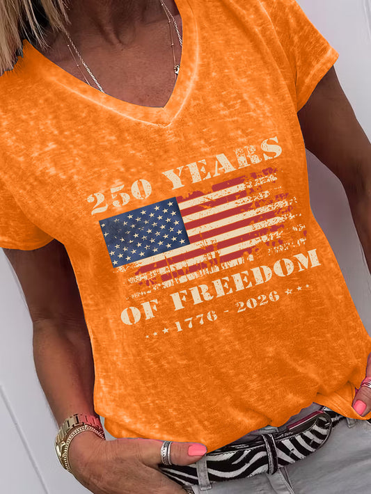Women's Patriotic Print Blouse - V-Neck Short Sleeve – Orange option – main product image