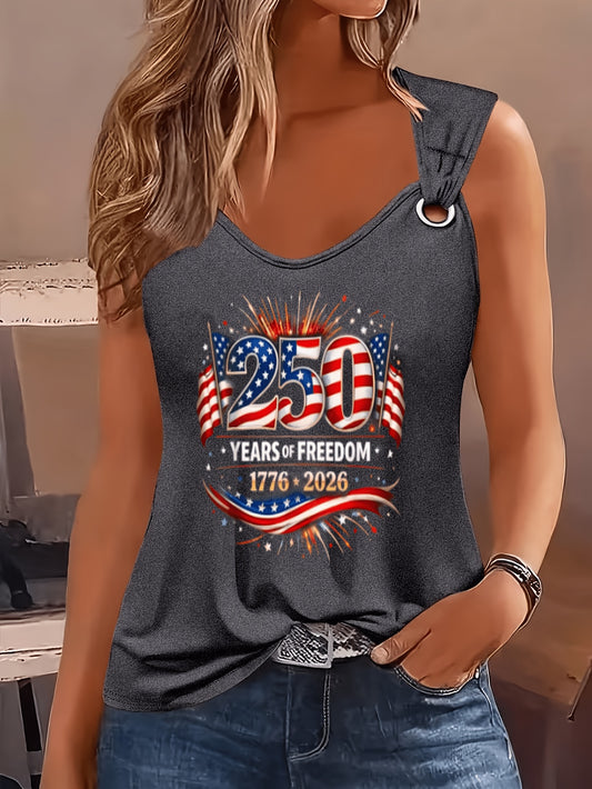 Women's Patriotic Print Tank Top - Collared Sleeveless – Gray option – main product image