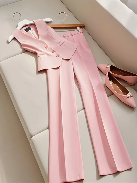 Women's Pink Sleeveless Vest & Wide-Leg Pants Suit Set – main product image