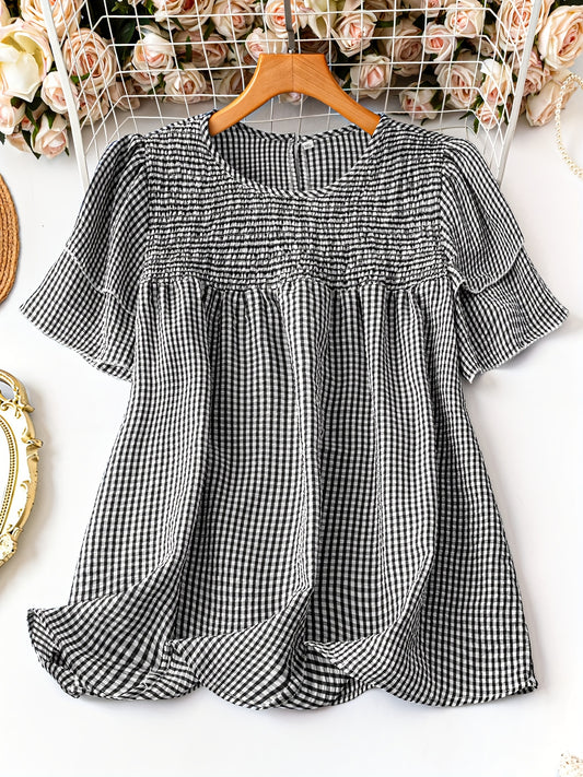 Women's Plaid Shirt - Short Sleeve – Sizes 0XL–5XL – Black option – main product image