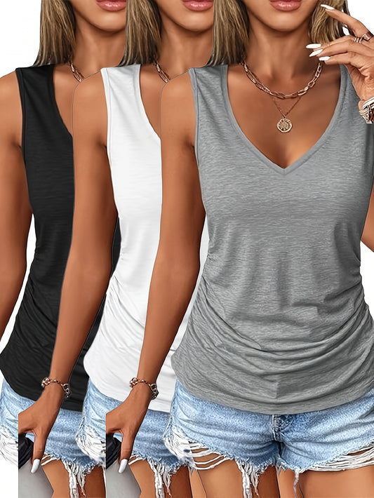 Women's Pleated V-Neck Three-Piece Vest Set – main product image