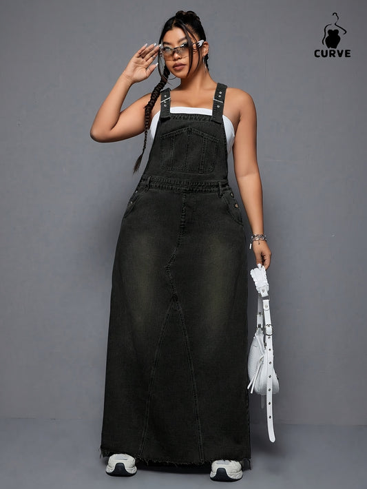 Women's Plus Size Denim Overall Dress - Distressed Raw Hem – Black option – main product image