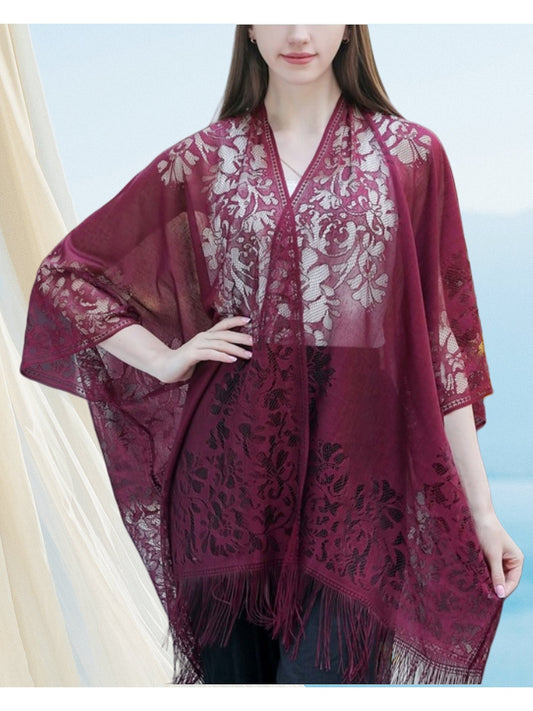Women's Plus Size Lace Beach Cover-Up - Boho Kimono with Tassel Trim – main product image