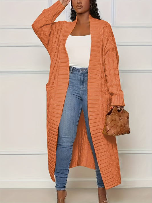 Women's Plus Size Long Cardigan - Cable Knit Oversized Pockets – Red option – main product image