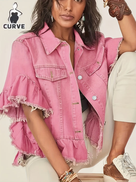 Women's Plus Size Pleated Denim Jacket - Loose Cuffs and Ruffle Hem – Navy option – main product image