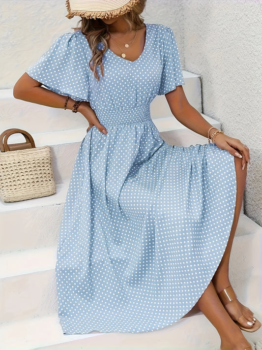 Women's Polka Dot V-Neck Maxi Casual Dress - Ruffle – Gray option – main product image