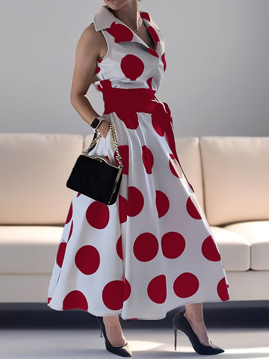 Women's Polka Dot V-Neck Maxi Shirt Dress - Belted – Red option – main product image