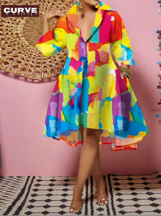 Women's Printed Collared Midi Vacation Dress - Long Sleeve – main product image