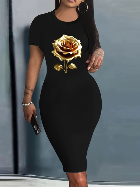 Women's Printed Crew Neck Bodycon Dress - Short Sleeve – Black option – main product image