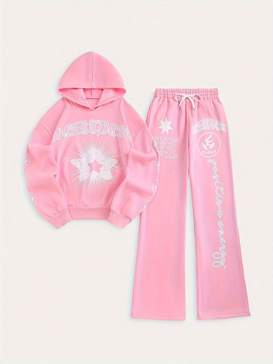 Women's Printed Hoodie Outfit Set - Focused Growth Streetwear – Pink option – main product image