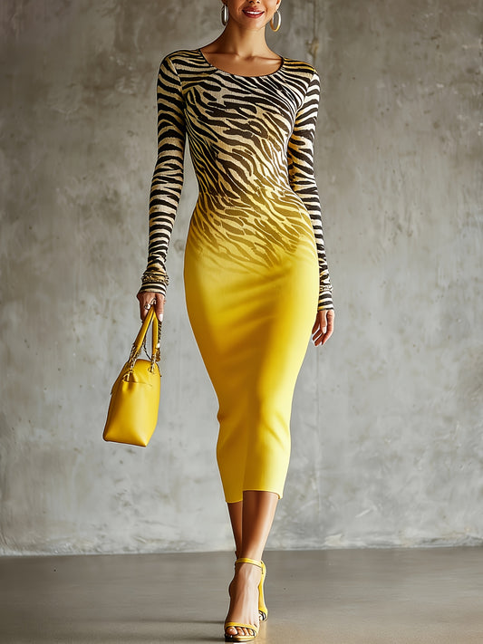 Women's Printed Midi Bodycon Dress - Long Sleeve – Yellow option – main product image