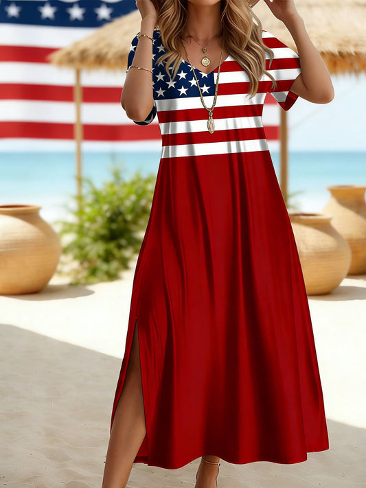 Women's Printed V-Neck Midi A-Line Dress - Short Sleeve – main product image