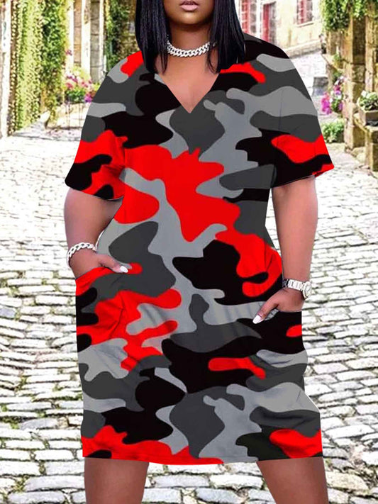 Women's Printed V-Neck Midi Casual Dress - Pocket – main product image