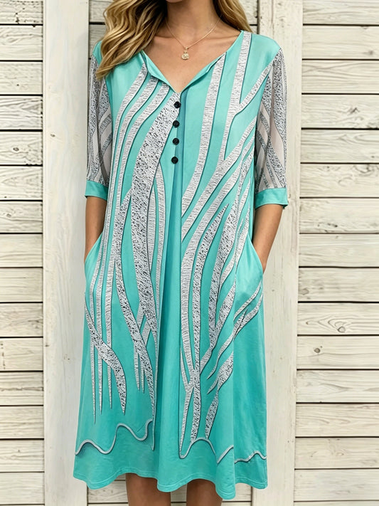 Women's Printed V-Neck Midi Dress - Button Front – main product image