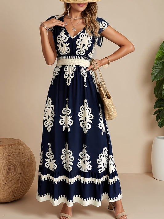 Women's Printed V-Neck Vacation Dress – Blue – Blue option – main product image