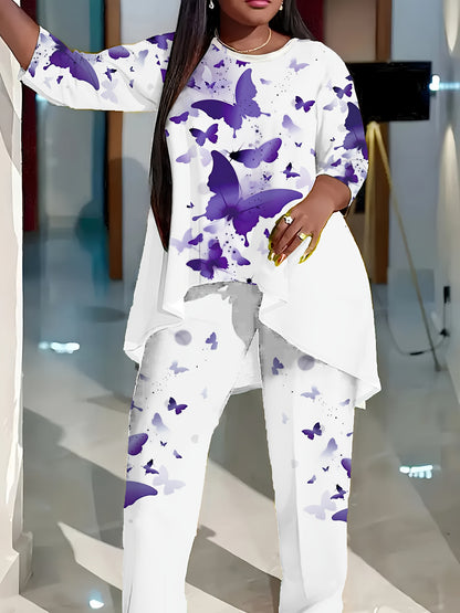 Women's Purple Butterfly Print Asymmetrical Top & Pants Set – main product image