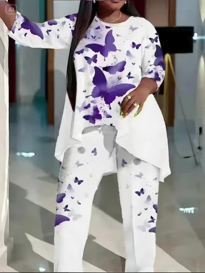 Women's Purple Butterfly Print Asymmetrical Top & Pants Set – view 2
