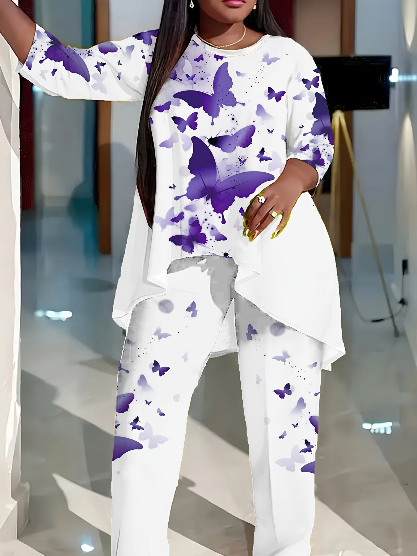 Women's Purple Butterfly Print Asymmetrical Top & Pants Set – view 3