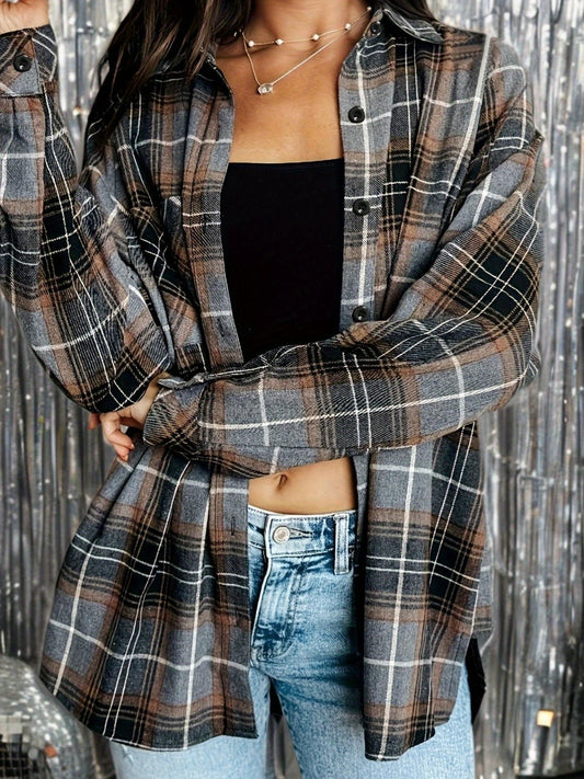 Women's Relaxed Plaid Button-Front Jacket – Gray option – main product image