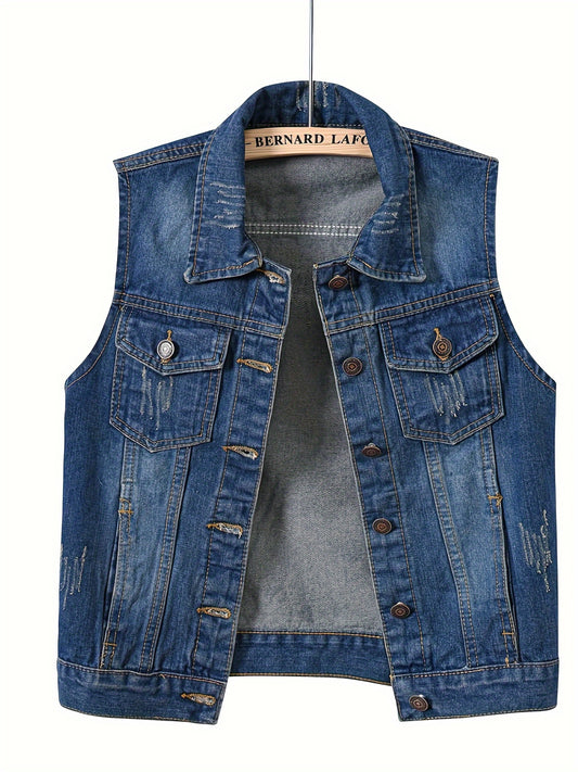 Women's Ripped Denim Vest - Sleeveless Button Front – Blue option – main product image
