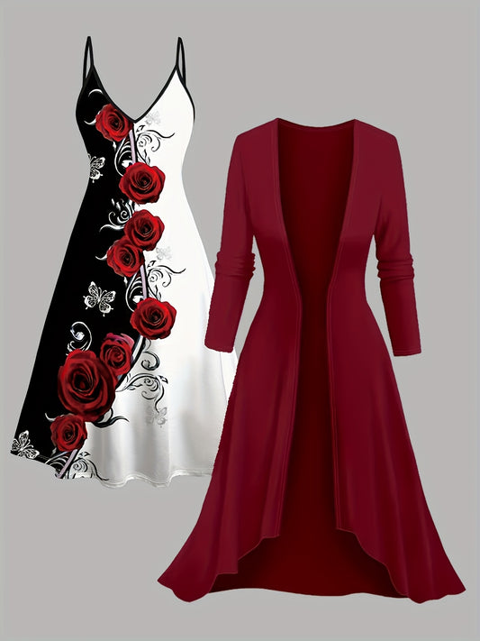 Women's Rose Print Dress and Cardigan Set - Butterfly Two-Piece Style – Red option – main product image