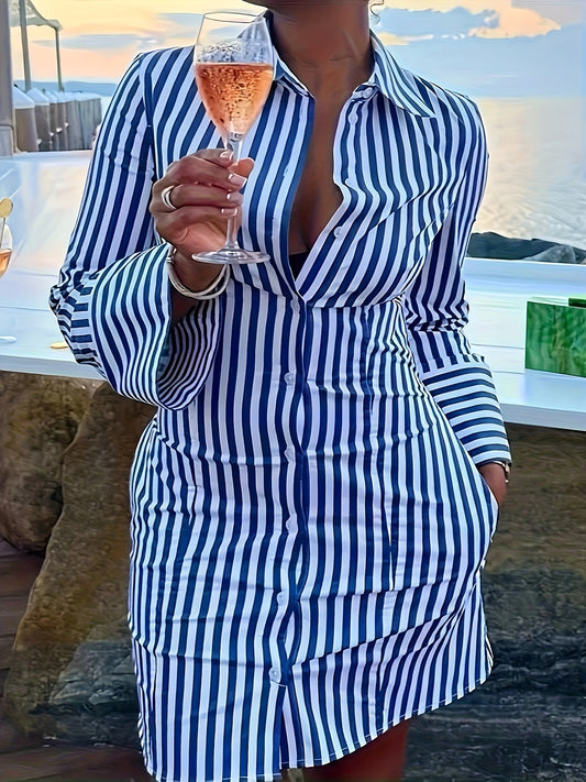 Women's Royal Blue Striped Shirt Dress - Pocket – Blue option – main product image