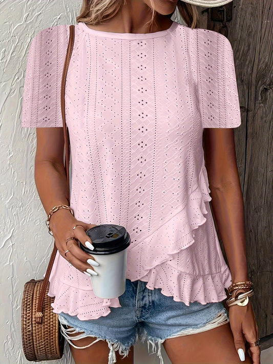Women's Ruffle Trim Blouse - Classic Neck Short Sleeve – White option – main product image