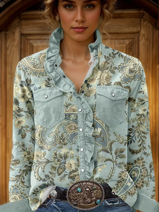 Women's Ruffle Trim Blouse - Collared Long Sleeve – main product image