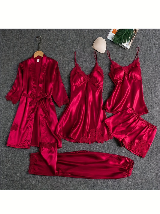 Women's Satin Pajama Set - 6-Piece Lace Loungewear – Red option – main product image