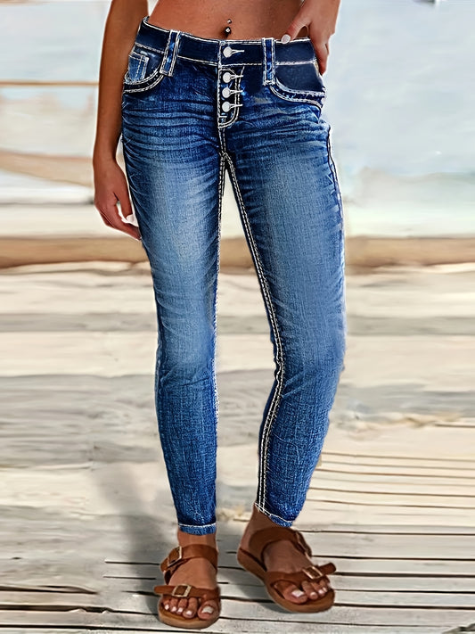 Women's Skinny Jeans - Dark Blue Pocket Detail Stretch – Blue option – main product image