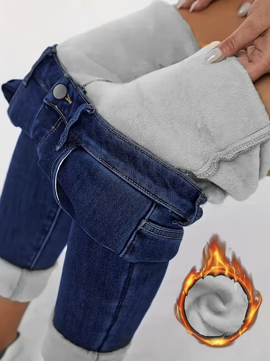 Women's Skinny Jeans - Royal Blue Color Fleece-Lined Jeans Stretch – Blue option – main product image