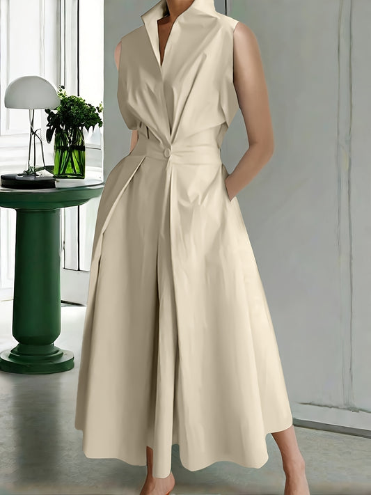 Women's Solid Collared Maxi Casual Dress - Sleeveless – Green option – main product image