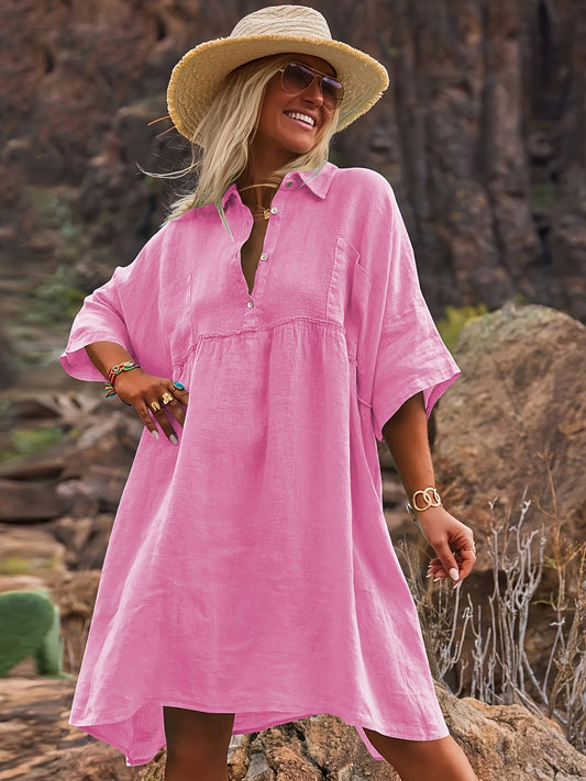 Women's Solid Collared Midi Vacation Dress - Button Front – Beige option – main product image