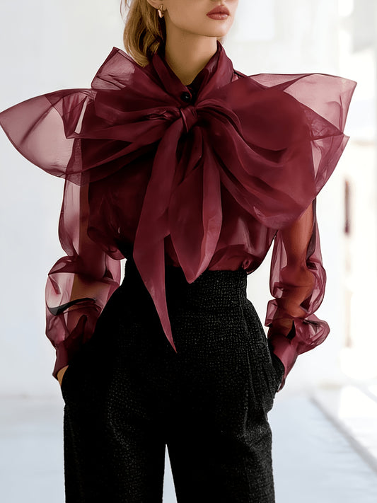 Women's Solid Color Blouse - Classic Neck Long Sleeve – main product image