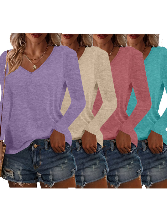 Women's Solid Color T-Shirt - 4-Pack V-Neck Long Sleeve – Purple option – main product image