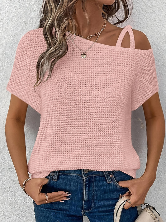 Women's Solid Color T-Shirt - Off-Shoulder Short Sleeve Waffle Texture – White option – main product image