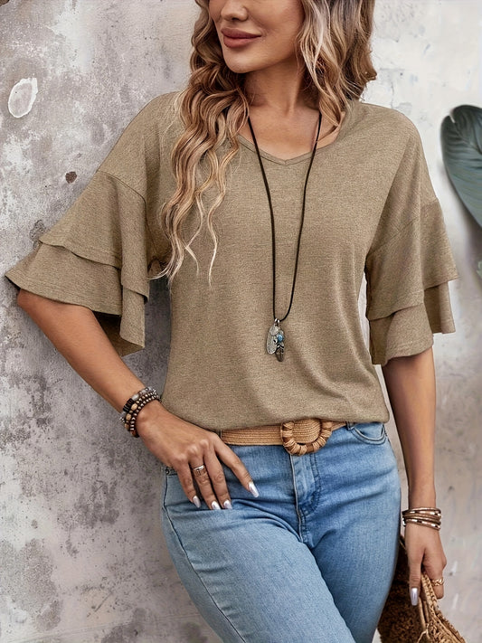 Women's Solid Color T-Shirt - V-Neck Short Sleeve Ruffle Sleeve – Black option – main product image