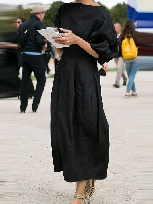 Women's Solid Crew Neck Maxi Casual Dress - Puff Sleeve – main product image