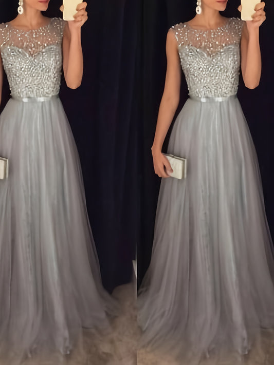 Women's Solid Crew Neck Maxi Cocktail Dress - Sleeveless Party Ready – Grey option – main product image