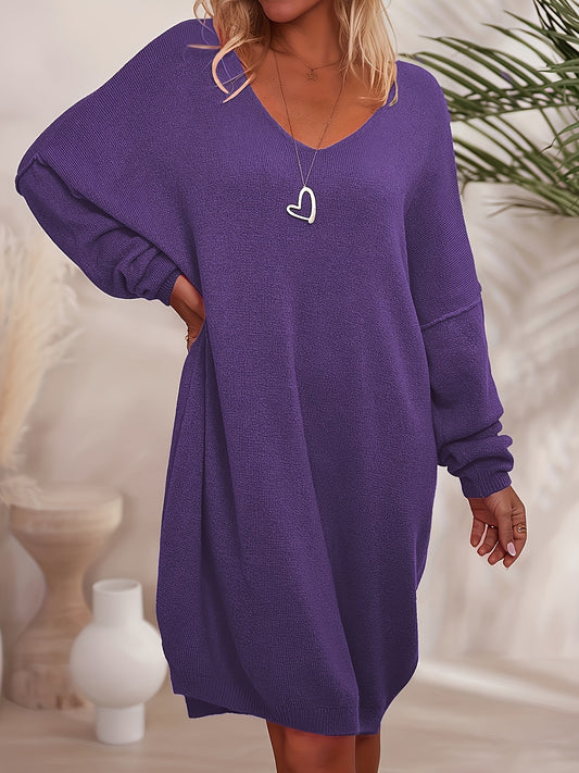 Women's Solid V-Neck Knit Dress - Long Sleeve – main product image