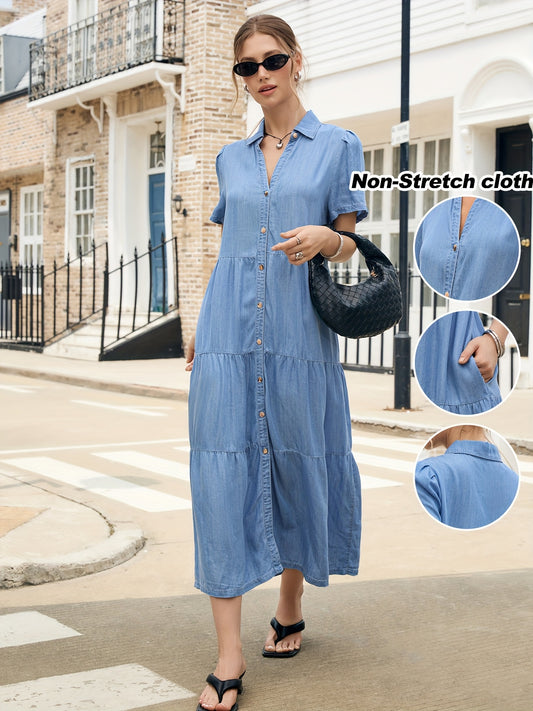 Women's Solid V-Neck Maxi Vacation Dress - Ruffle – Blue option – main product image