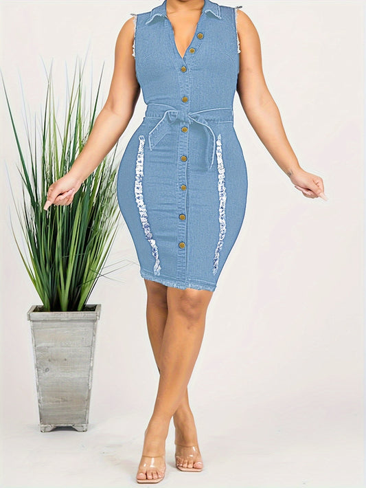 Women's Solid V-Neck Midi Bodycon Dress - Button Front – Blue option – main product image
