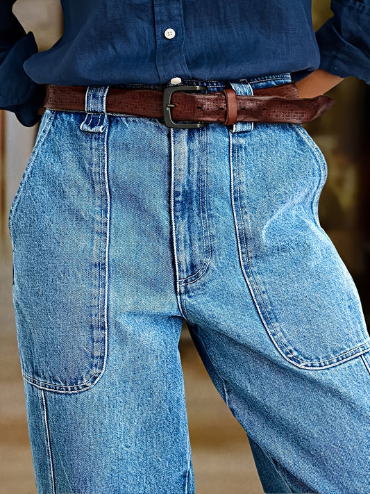 Women's Straight Leg Jeans - Lake Blue Patchwork Stretch – Blue option – main product image