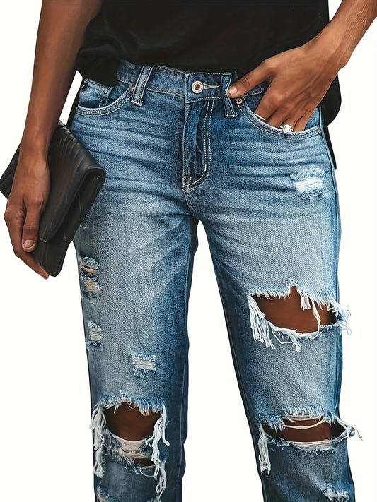Women's Straight Leg Jeans - Sea Blue Distressed Stretch – Blue option – main product image