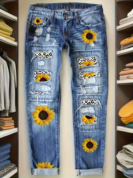 Women's Straight Leg Jeans - Sunflower Pattern Stretch – main product image